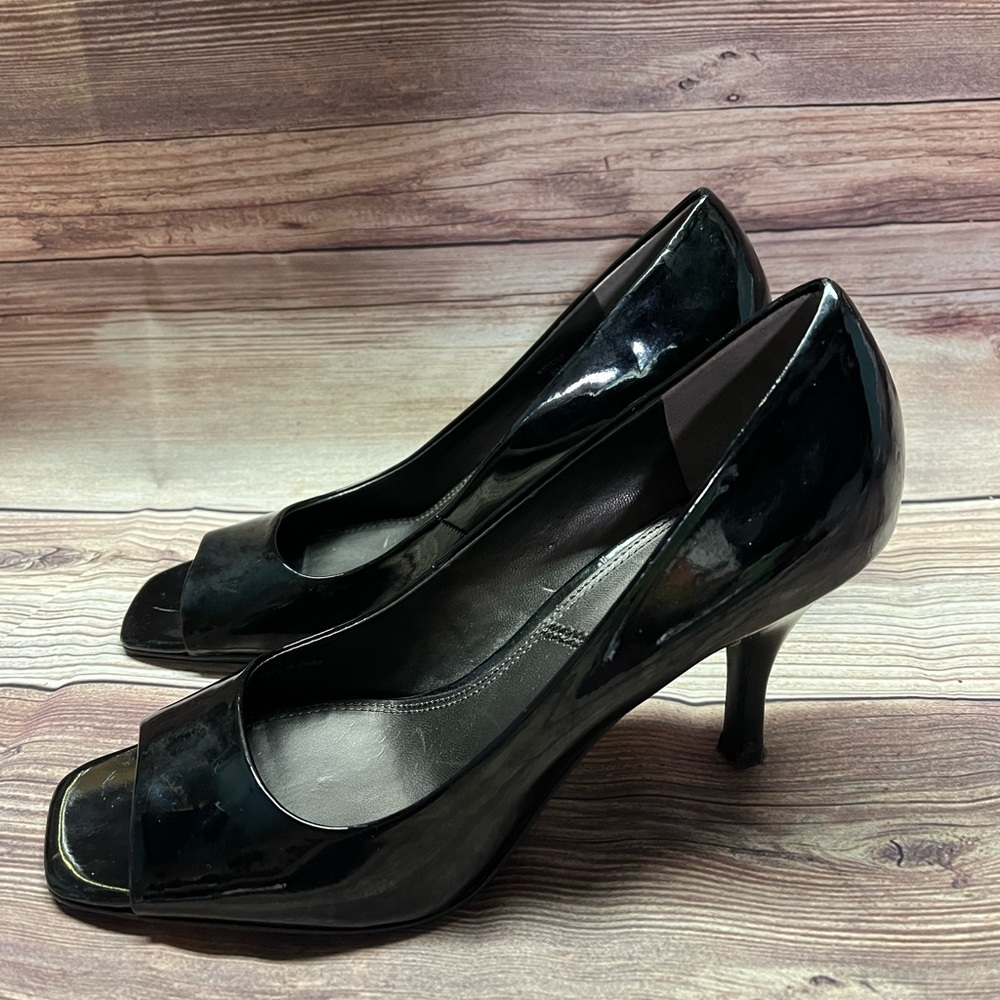 Black Patent leather peep toe heels